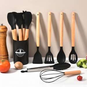 12-Piece Silicone Kitchen Cookware Set with Wooden Handles – Heat Resistant Non-Stick Utensil Set
