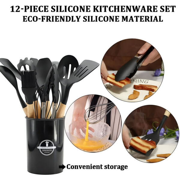 12-Piece Silicone Kitchen Cookware Set with Wooden Handles – Heat Resistant Non-Stick Utensil Set
