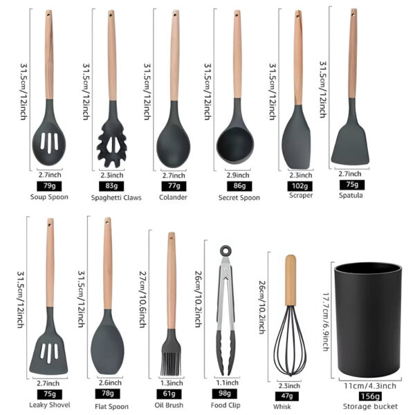 12-Piece Silicone Kitchen Cookware Set with Wooden Handles – Heat Resistant Non-Stick Utensil Set
