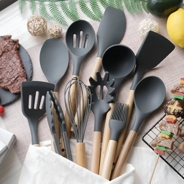 12-Piece Silicone Kitchen Cookware Set with Wooden Handles – Heat Resistant Non-Stick Utensil Set