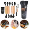 12-Piece Silicone Kitchen Cookware Set with Wooden Handles – Heat Resistant Non-Stick Utensil Set