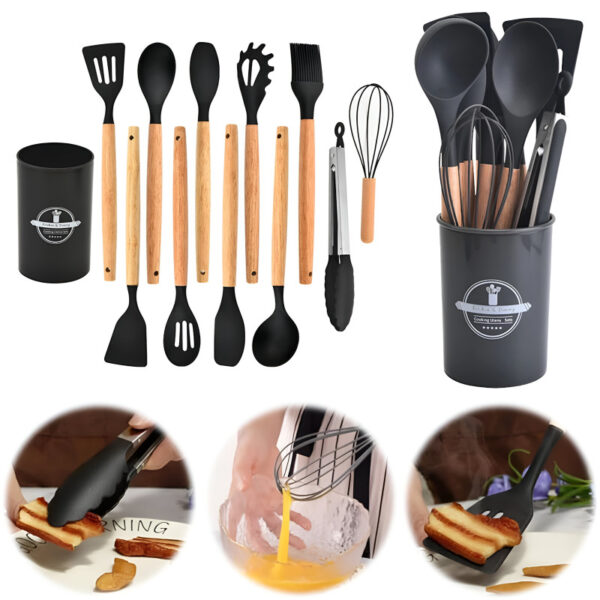 12-Piece Silicone Kitchen Cookware Set with Wooden Handles – Heat Resistant Non-Stick Utensil Set