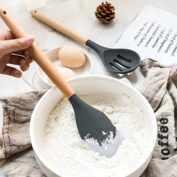 12-Piece Silicone Kitchen Cookware Set with Wooden Handles – Heat Resistant Non-Stick Utensil Set
