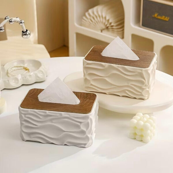 Stylish Wavy Tissue Box Cover with Wooden Lid – Modern Decorative Napkin Holder