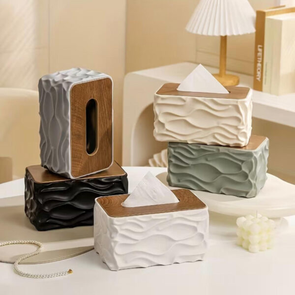 Stylish Wavy Tissue Box Cover with Wooden Lid – Modern Decorative Napkin Holder