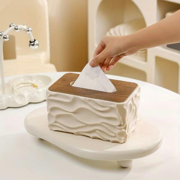 Stylish Wavy Tissue Box Cover with Wooden Lid – Modern Decorative Napkin Holder